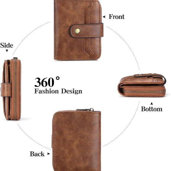 Women's Small Leather RFID Wallet Bifold Zipper Card Case with ID Window - Picture 2 of 11